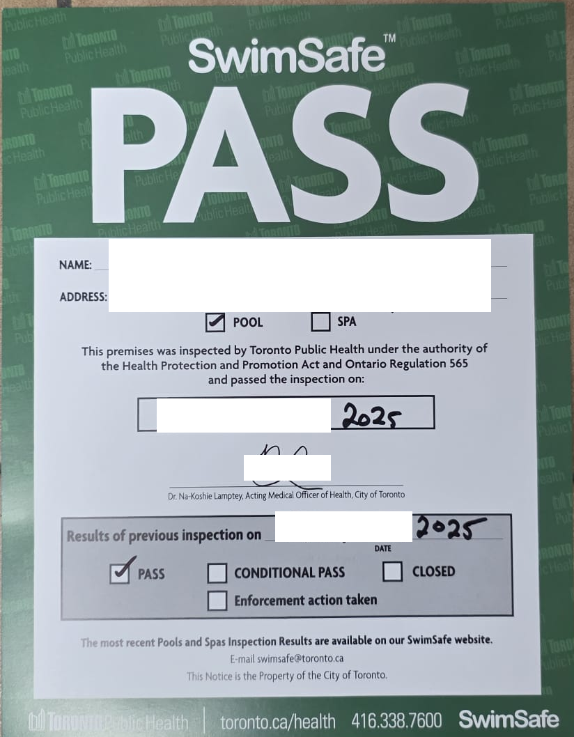 City of Toronto Pool Pass inspection record