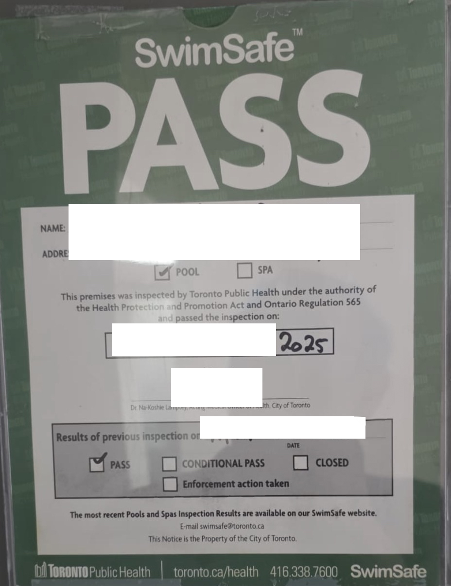 City of Toronto Pool Pass inspection record