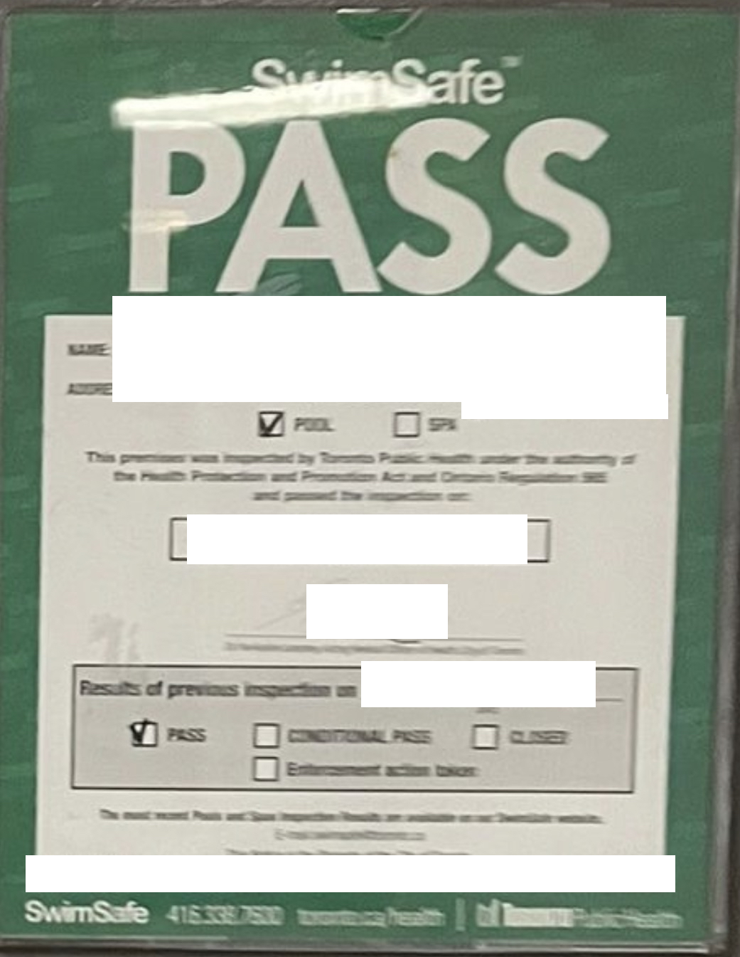 City of Toronto Pool Pass inspection record